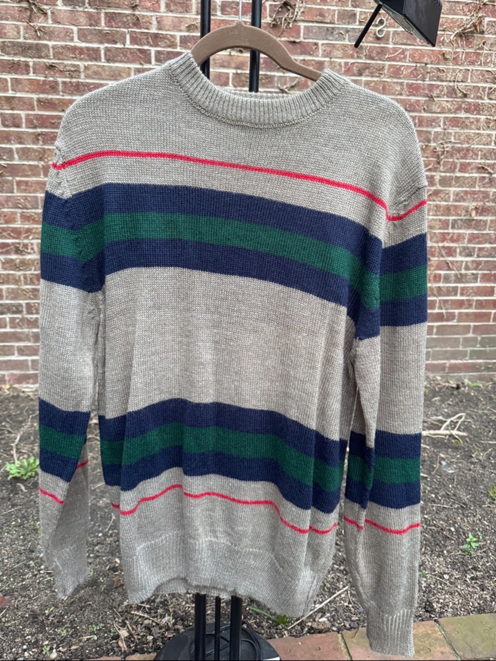 Vintage Men's Striped Crewneck Sweater - Gray with Navy & Green